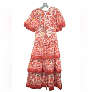 Farm Rio size XS romantic orchard tiered midi dress pink red white thumbnail 3