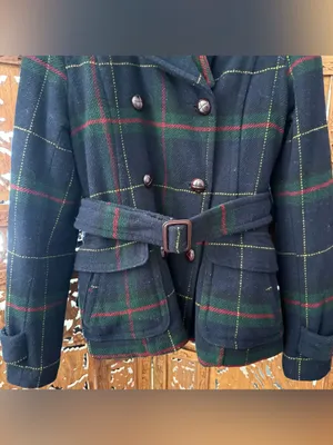 American Eagle Y2K Plaid Belted Wool Peacoat. Navy Green Red thumbnail 5