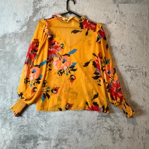 Hutch Anthropologie Yellow Floral Boho Sheer Blouse Ruffle VNeck Poet Sleeves XS thumbnail 4