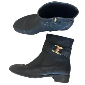 Tory Burch Gemini Link Black Pebbled Leather Ankle Booties Gold Buckle 7.5 thumbnail 10