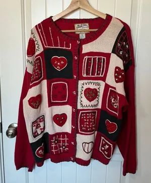 Vintage Heirloom Collectibles Wool Blend Valentines Cardigan XL Red/White thumbnail 1