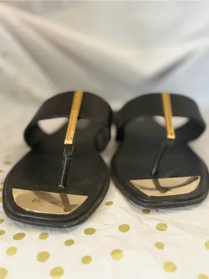 DKNY Black Leather Slide Sandals with Gold Accents thumbnail 2