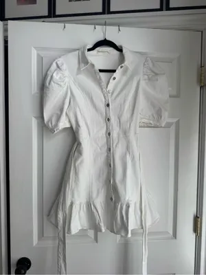 Puff Sleeve White Mini Dress with Tie Waist thumbnail 2