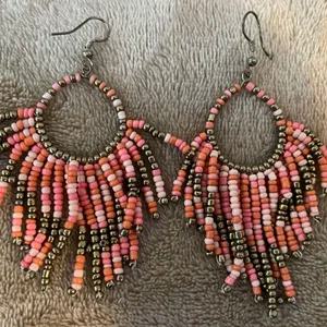 Pink/Gold Seed Beaded Earrings Bohemian Long Drop Dangle Jewelry. thumbnail 1