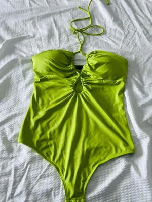 Y2K Lime Green Cutout Halter Bodysuit Ruched Small thumbnail 2
