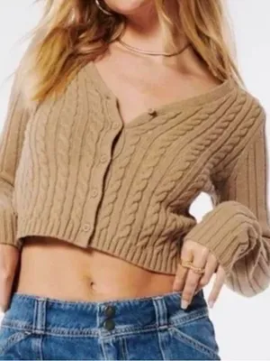 Hollister Cropped Cable Knit Button-Front Sweater - Camel thumbnail 1