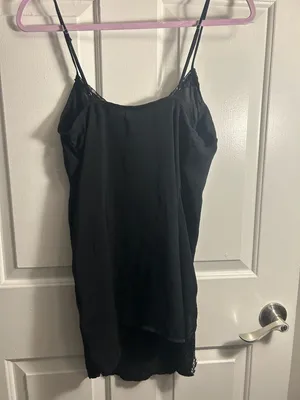 Out From Under Black Satin Lace-Trim Asymmetric Slip Dress thumbnail 4