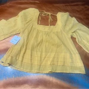 New O'Neill Yellow peasant top 3/4 Sleeve Blouse tie back cotton gauze xs thumbnail 5