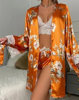 Bohemian Floral Print Pajama Set, Long Sleeve Robe With Belt Lace SZ M #1635 thumbnail 1