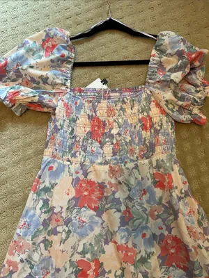 ASTR Smocked Square-Neck Floral Midi Dress in Pastel Multi, Medium NWT thumbnail 8