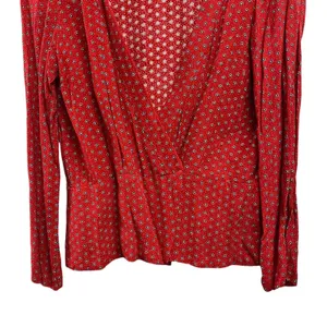 Cooperative Womens Large Red V Neck Wrap Top Long Sleeve Flower Polka Dot‎ thumbnail 2