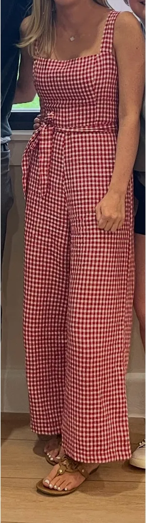 Reformation Red Linen Gingham Jumpsuit Wide-Leg thumbnail 1