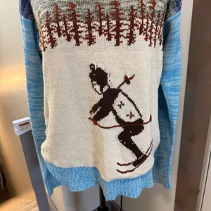 Vintage Knit Ski Sweater Mock Neck Blue White Alps Skiing Winter Art to Wear M thumbnail 2
