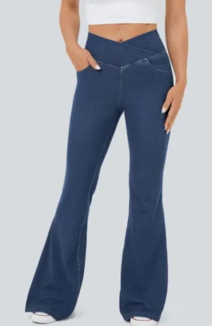 Halara Flex Blue Crossover Waist High Rise Flare Jeans NWT XS Reg thumbnail 1