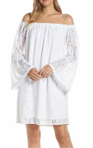 Lilly Pulitzer Nevie Dress M Resort White Lace Off Shoulder Bell Sleeve thumbnail 1