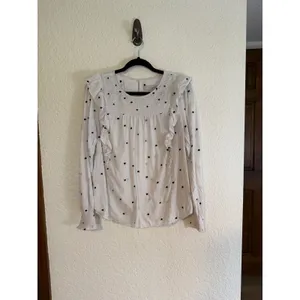 LOFT Blouse White M Womens Heart Print Ruffle Smocked Swiss Dot Long Sleeve thumbnail 7