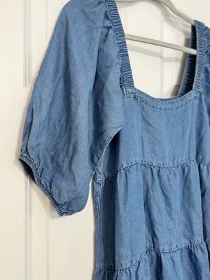 Hunter & Brown Chambray Square Neck Puff Sleeve Tiered Babydoll Mini Dress Med thumbnail 4