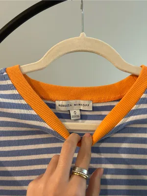 Rebecca Minkoff Blue & White Striped Tee with Orange Neck and Sleeve Trim thumbnail 2