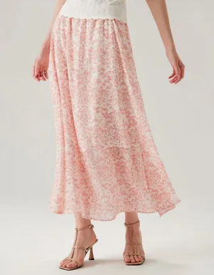 Rihoas Pink Floral Elastic Waist Flared Skirt thumbnail 1