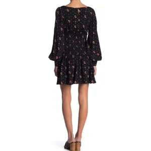 Free People Two Faces Smocked‎ Printed Mini Dress Black Combo Size Large thumbnail 3