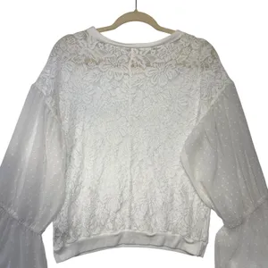 Free People White Floral Lace Swiss Dot Bell Sleeve Blouse‎ Top Ivory Medium thumbnail 7