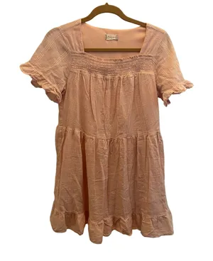 Altar'd State Peach Smocked Babydoll Mini Dress‎ Short Sleeve Ruffle S thumbnail 1
