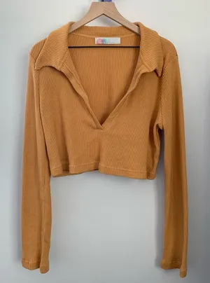 Free People Beach Large Honey Yellow‎ Deep V Neck Collar Crop Sweater Rib thumbnail 1