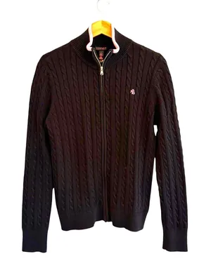 Lauren Ralph Lauren Womens Black Cable Knit Sweater Size L Full Zip Old Money thumbnail 1