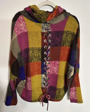 Ariella Sweater Multicolor Check~Lace Up Back~Cowl Neck Artsy Colorful Medium thumbnail 1