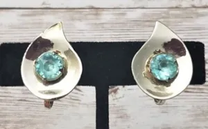 Vintage Screw On Earrings - Teardrop Shape with Turquoise Tone Gem thumbnail 1