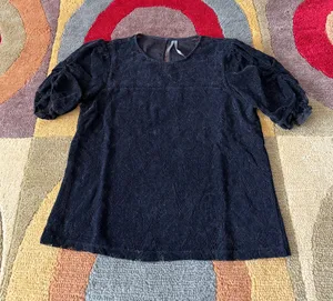 by Anthropologie Velour Velvet Black Puff Sleeve Lace Blouse Top Shirt Size XS thumbnail 1