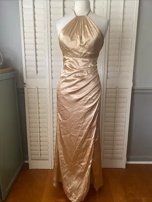Satin Halter Prom Gown in Gold thumbnail 3