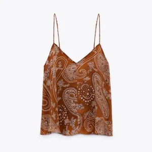 Zara Brown V Neck Boho Sleeveless Floral Paisley Camisole Cami Tank Top Sz XS thumbnail 9