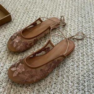 Amazon Lace-Up Mesh Ballet Flats, Floral Embroidered Round Toe Mary Jane Summer Dancer Shoes thumbnail 4