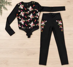 Black Floral Embroidered Bodysuit & Leggings Set thumbnail 1
