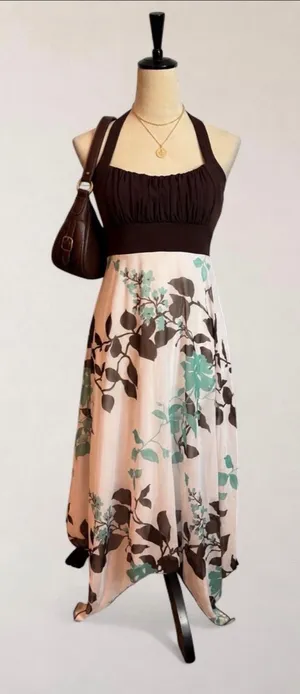 Speechless Floral Halter Handkerchief Maxi Dress Brown Aqua Size L thumbnail 1
