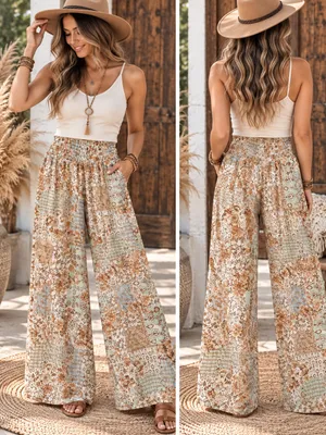 Pink Rose Beige Floral Patchwork Wide-Leg Pants thumbnail 2