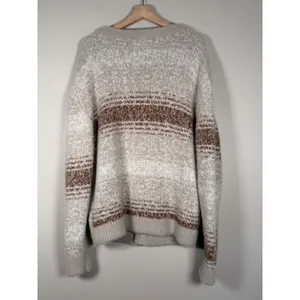 Hollister Womens Fuzzy Knit Cardigan Beige Brown Striped V-Neck‎ Sweater Medium thumbnail 2