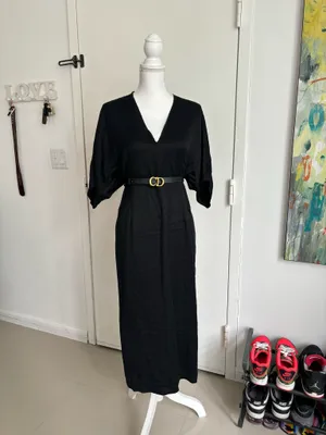 Massimo Dutti Black Midi Dress with Gold Neck Detail Size M thumbnail 7