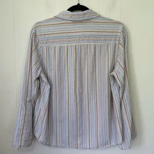 Selene Sport Vintage Linen Rayon Striped Roll Tab Sleeve Button Up Shirt ~ Sz L thumbnail 3