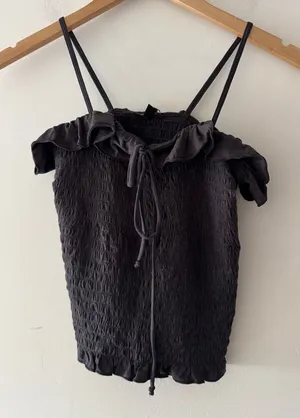 American Eagle Women's Dark Grey‎ Ruffle Smocked Tank Top Size Small thumbnail 1