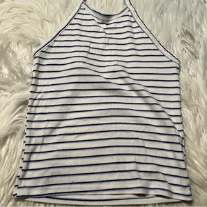 American Eagle Womens Size XS Halter Top White Navy Blue Stripes Textured Cotton thumbnail 3
