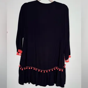 Embroidered Black Tassel Boho Pompoms Detail Mini Dress Womens Hippie Size M thumbnail 5