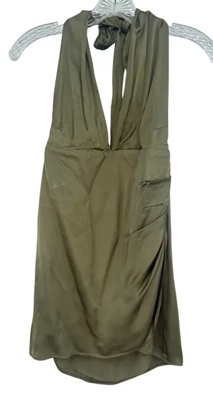 Zara Olive Green Satin Halter Mini Dress Ruched Open Back Cocktail Size Medium thumbnail 1