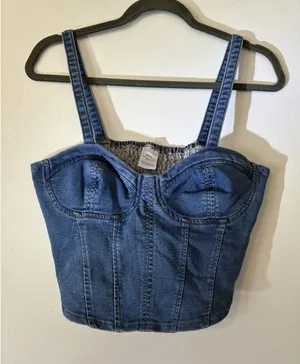 No Boundaries Womens Denim Bustier Crop Top‎ Medium Wash Blue Smocked Back M 7-9 thumbnail 1