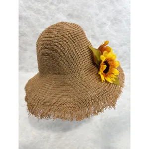 Womens‎ Brown Woven Paper Straw Sun Hat with Frayed Edge and Sunflowers thumbnail 2