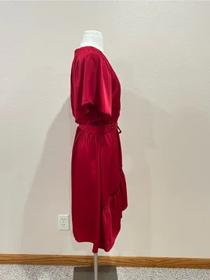 Maurices Deep Red Semi Satin Faux Wrap Ruffle Midi Dress Size Medium thumbnail 9