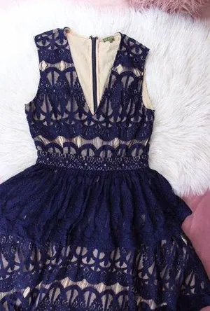Anthropologie T1 The Letter dark blue lace peplum skater dress thumbnail 1