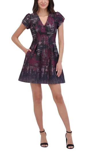 NWT Vince Camuto Womens Jacquard Fit & Flare Puff-Sleeve Dress Wine Red Multi 16 thumbnail 1