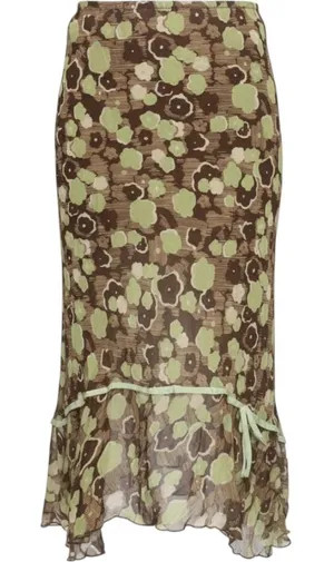 Allison Taylor Silk Floral Midi Skirt Brown Green Ruffle Hem Y2K Whimsigoth L thumbnail 1